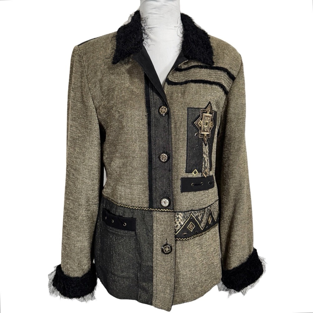 Vintage Patchwork Fringe Jacket Size M Embroidered Statement Blazer Southwestern